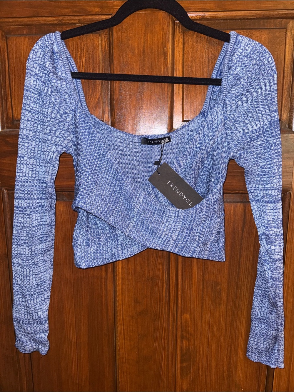 Trendyol Light Blue Heathered Scoop-Neck Cropped Wrap Top